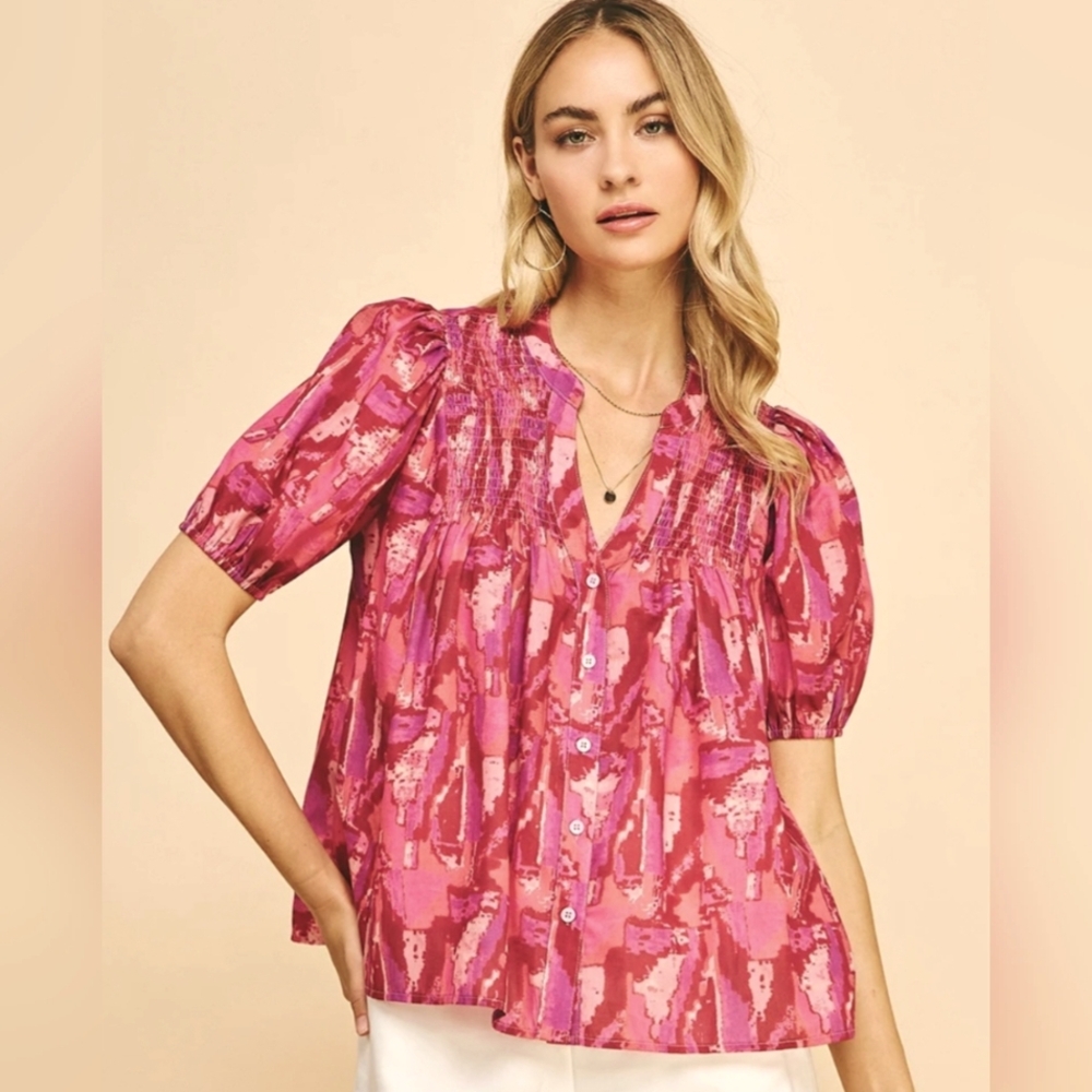 PINCH Short Sleeve Button Down Front Chest Smocking Top - Size Medium